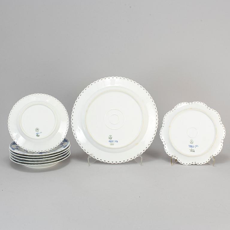 ROYAL COPENHAGEN, eight 'Musselmalet' helblonde  porcelain plates and dishes,  Denmark.
