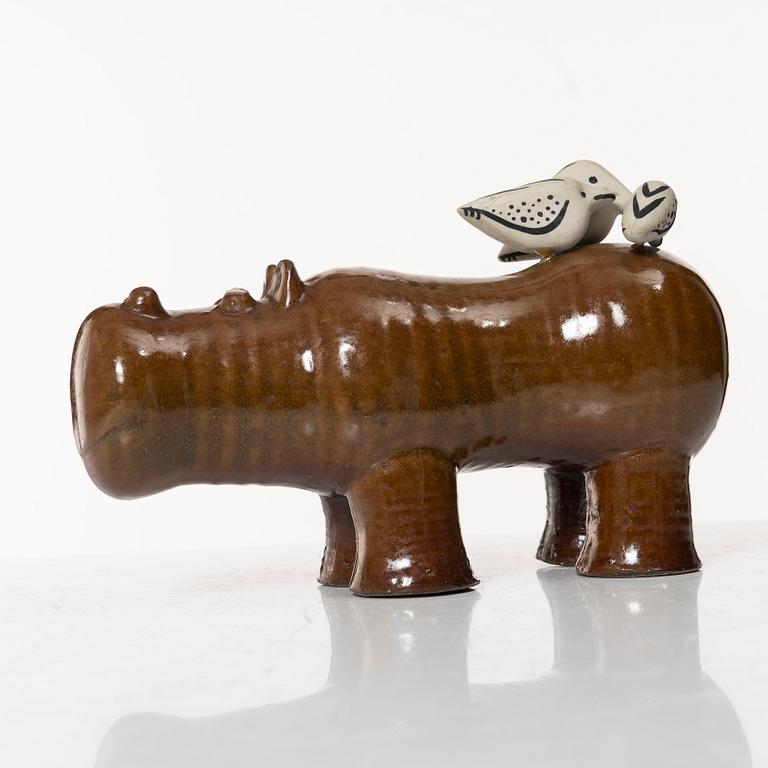 Lisa Larson, a 'Flodhäst med fåglar' (Hippo with Birds) figurine, Gustavsberg, Sweden.