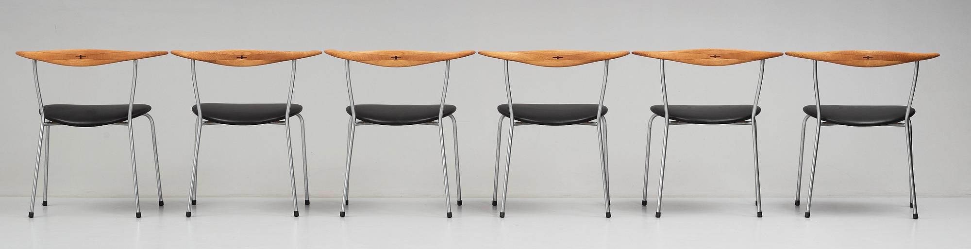Hans J. Wegner, a set of six "JH-701" oak and black leather chairs by Johannes Hansen, Denmark.