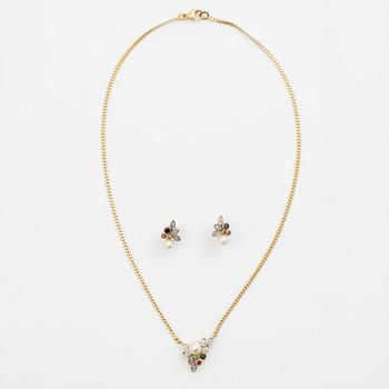 Collier med par örhängen, 18K guld med pärlor, diamanter, smaragder, rubiner och safirer.