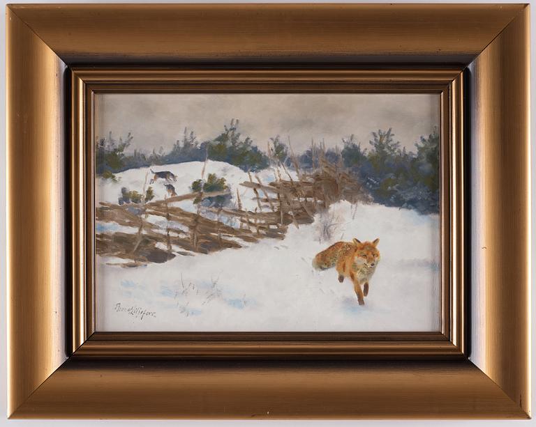 Bruno Liljefors, Winter scene with fox and hounds.