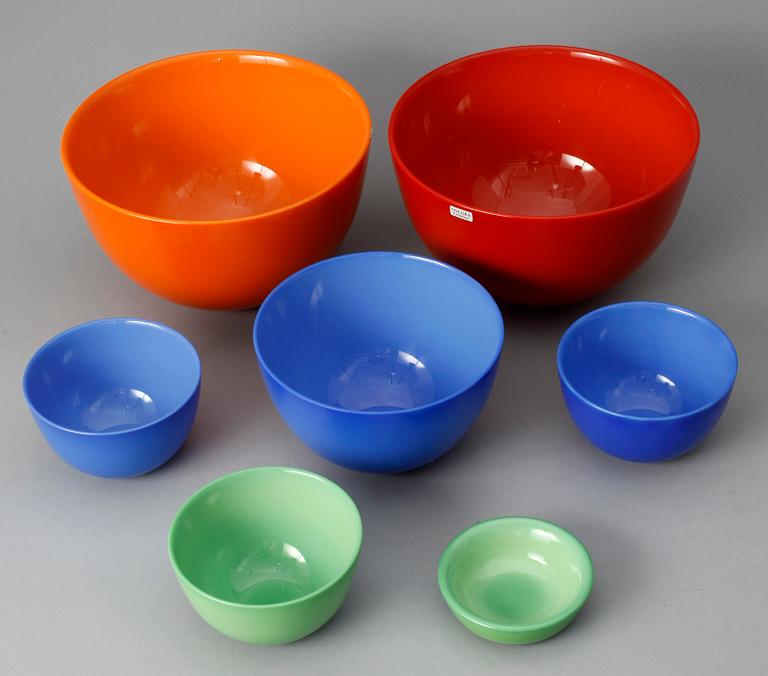SKÅLAR, 7 st. Glas, "Colora", Sven Palmqvist, Orrefors.