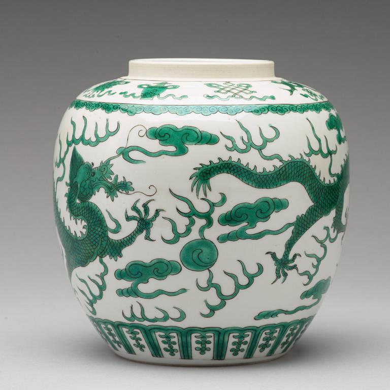 A green enamelled dragon jar, China, circa 1900.