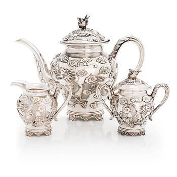 A Chinese export silver three-piece tea set, late Qing dynasty, the end of the 19th century.