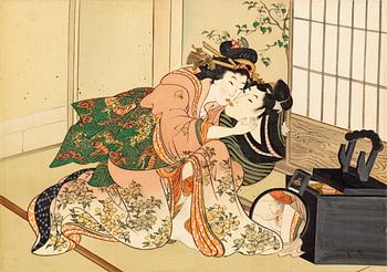 KONSTNÄR FRÅN UTAGAWA SKOLAN,
Shunga album, Japan, sen Edo (1603 - 1868) eller Meiji (1868-1912).
12 målningar på siden.