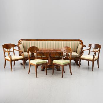 Sofa, 2 armchairs, 2 chairs, drop-leaf table Karl Johan, different models, 19th century.