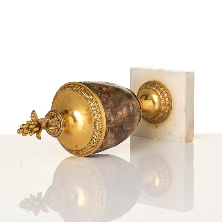 A George III Blue John, marble and ormolu urn, late 18th century.