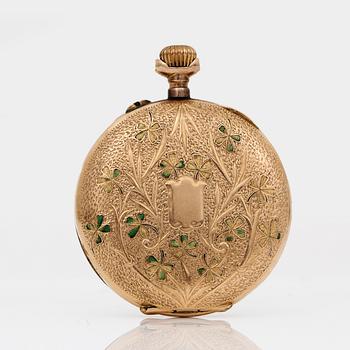 FICKUR, 14K guld, gul metall och emalj, Schweiz, omkring sekelskiftet 1900-tal.