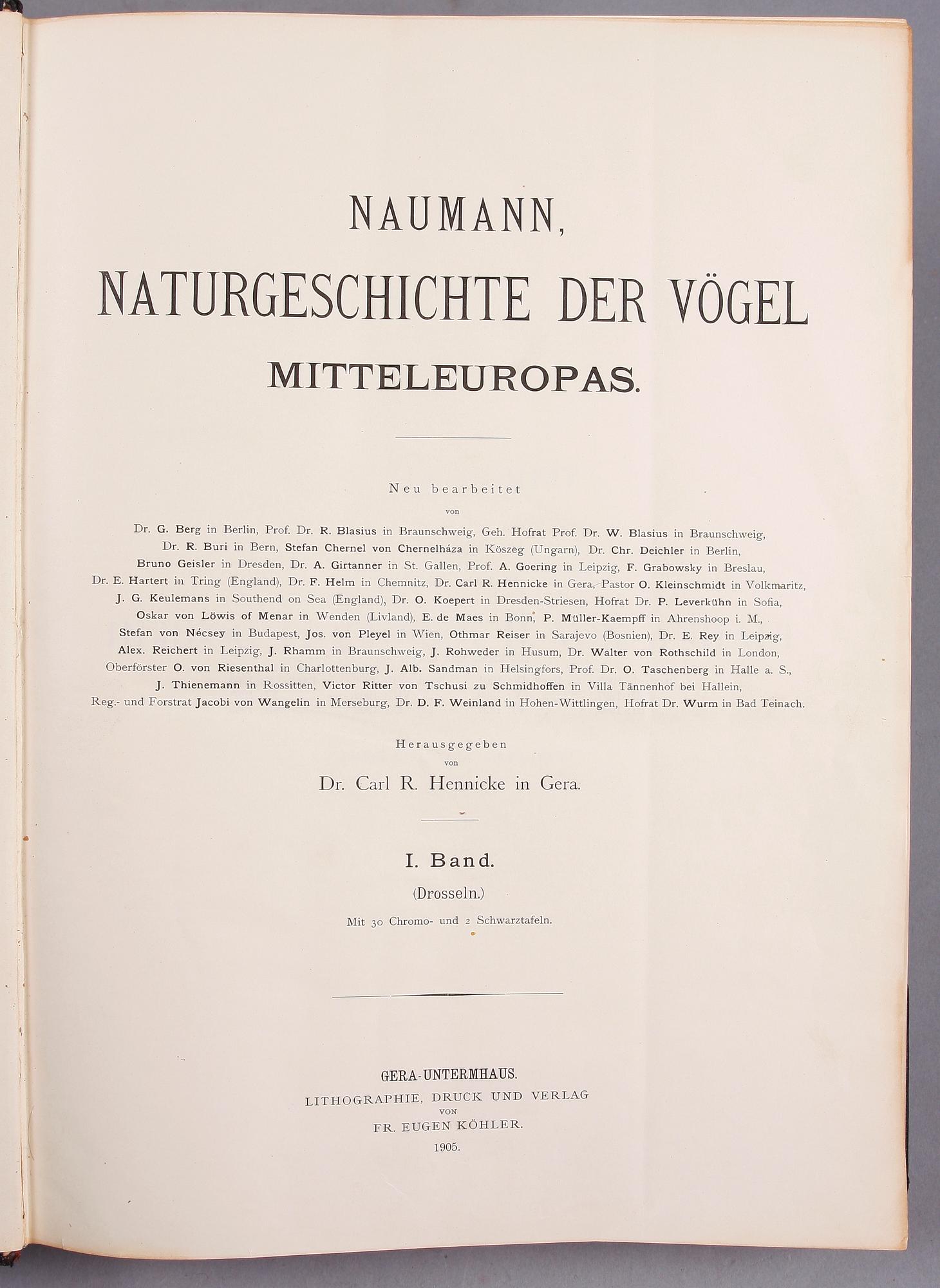 BÖCKER, 12 band,
"NATURGESCHICHTE DER VÖGEL MITTELEUROPAS" av Johan Andreas Naumann, 1897-1905.
