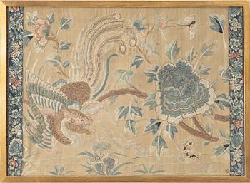 A pair of silk embroideries, China, Qing dynasty, 19th century.