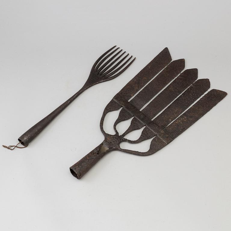 TWO IRON FISHING SPEAR, 18th century.