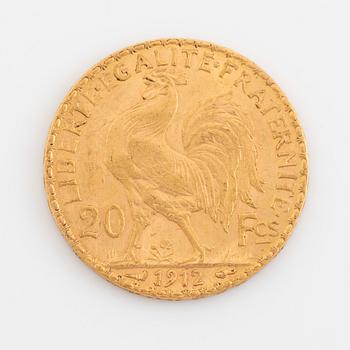A French gold coin, 20 Francs, 1912.