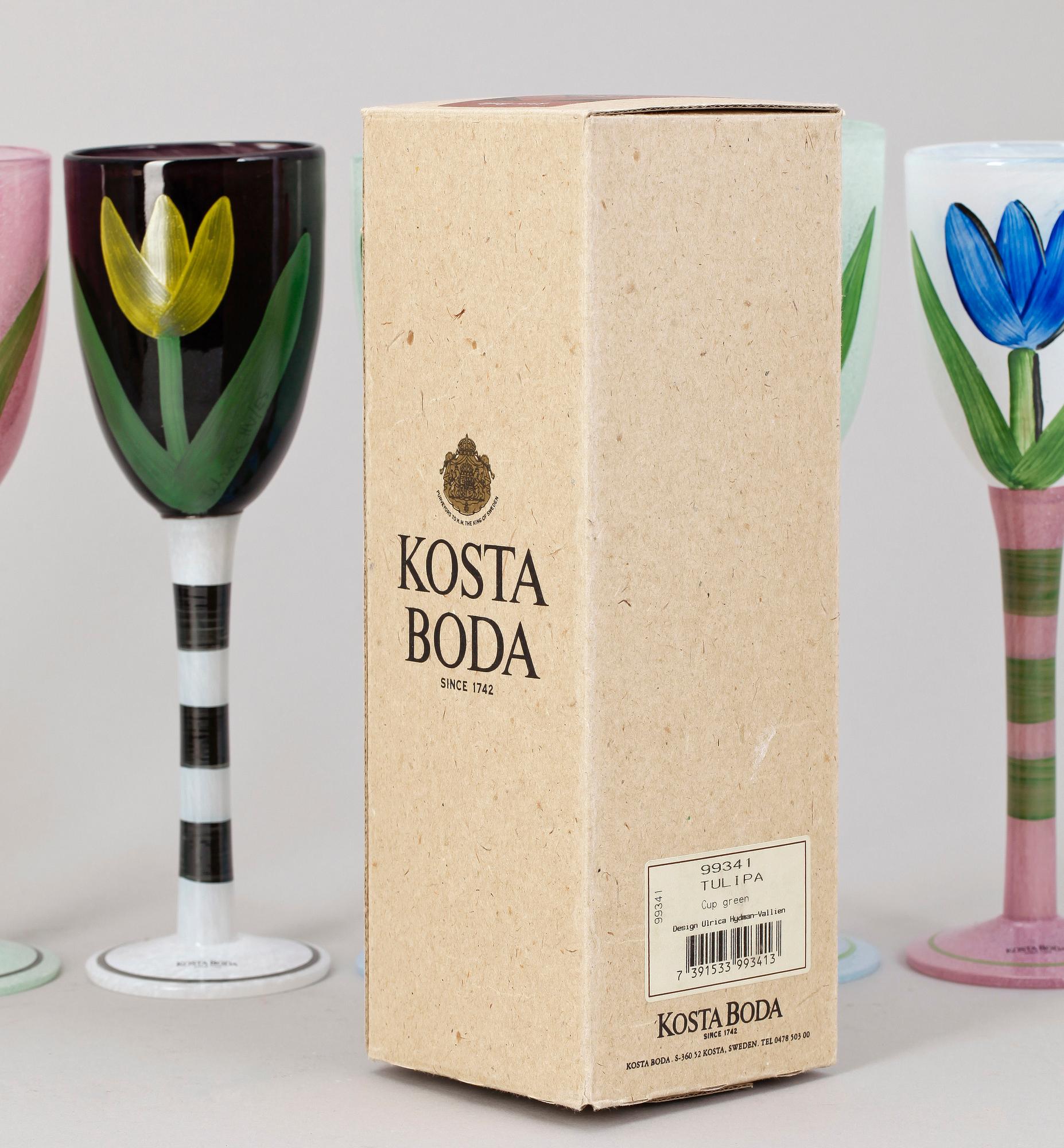 VINGLAS, 6st, glas, handmålade, "Tulipa", Ulrica Hydman Vallien, Kosta Boda, sign samt målarsign ES. 1990-tal.