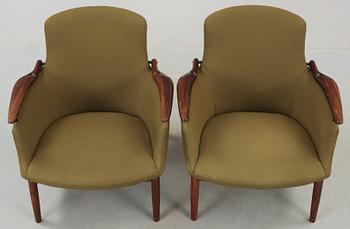 A pair of Finn Juhl 'NV-53' easy chairs, cabinetmaker Niels Vodder, Denmark 1960's.