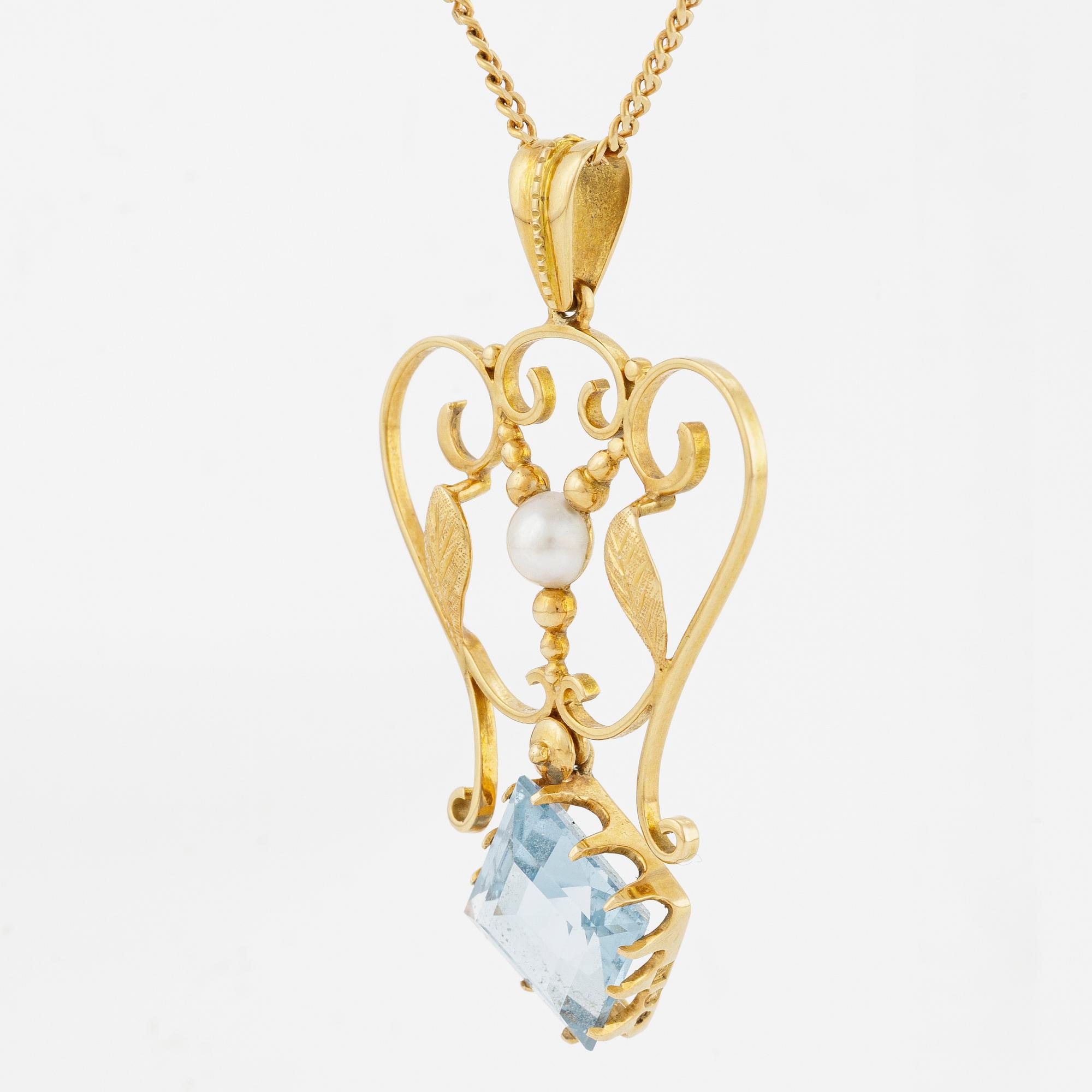 Pendant with chain, 18K gold and synthetic blue spinel, and pearl.