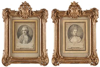 André Pujos, Markisen och Markisinnan De Vilette. Ett par. Signerade A. Pujos och daterade 1788 (2).