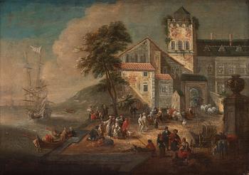 756. Dutch school, 17th/18th century, landscape with ruins and figures by the coast, a pair.