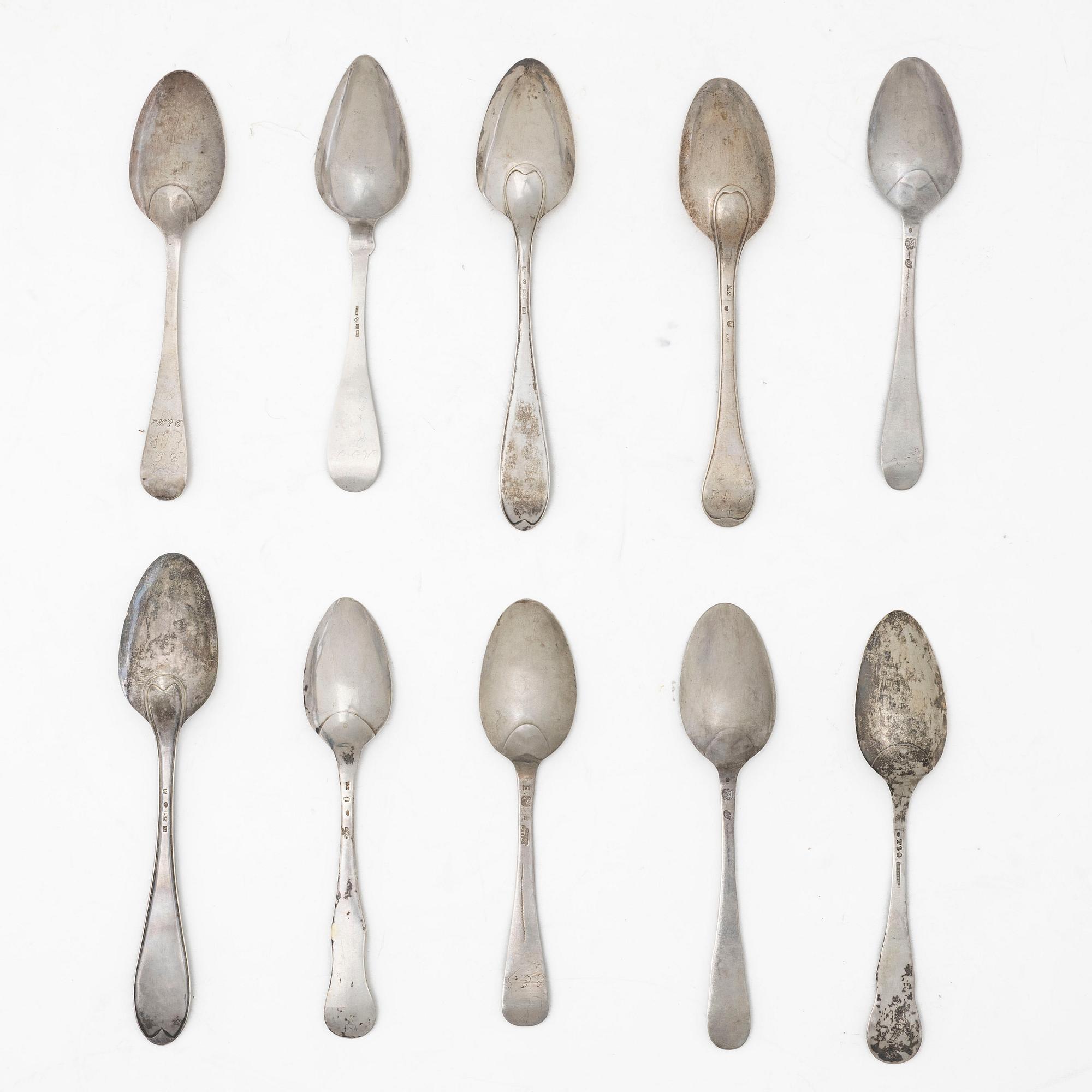 Ten Swedish silver spoons, 18th-19th Century.