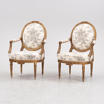 Karmstolar, ett par, Louis XVI-stil, 1800-tal.