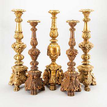 Five Louis XV-style wood table lamps. Mid 20th century from Paoletti, Firenze Italy.