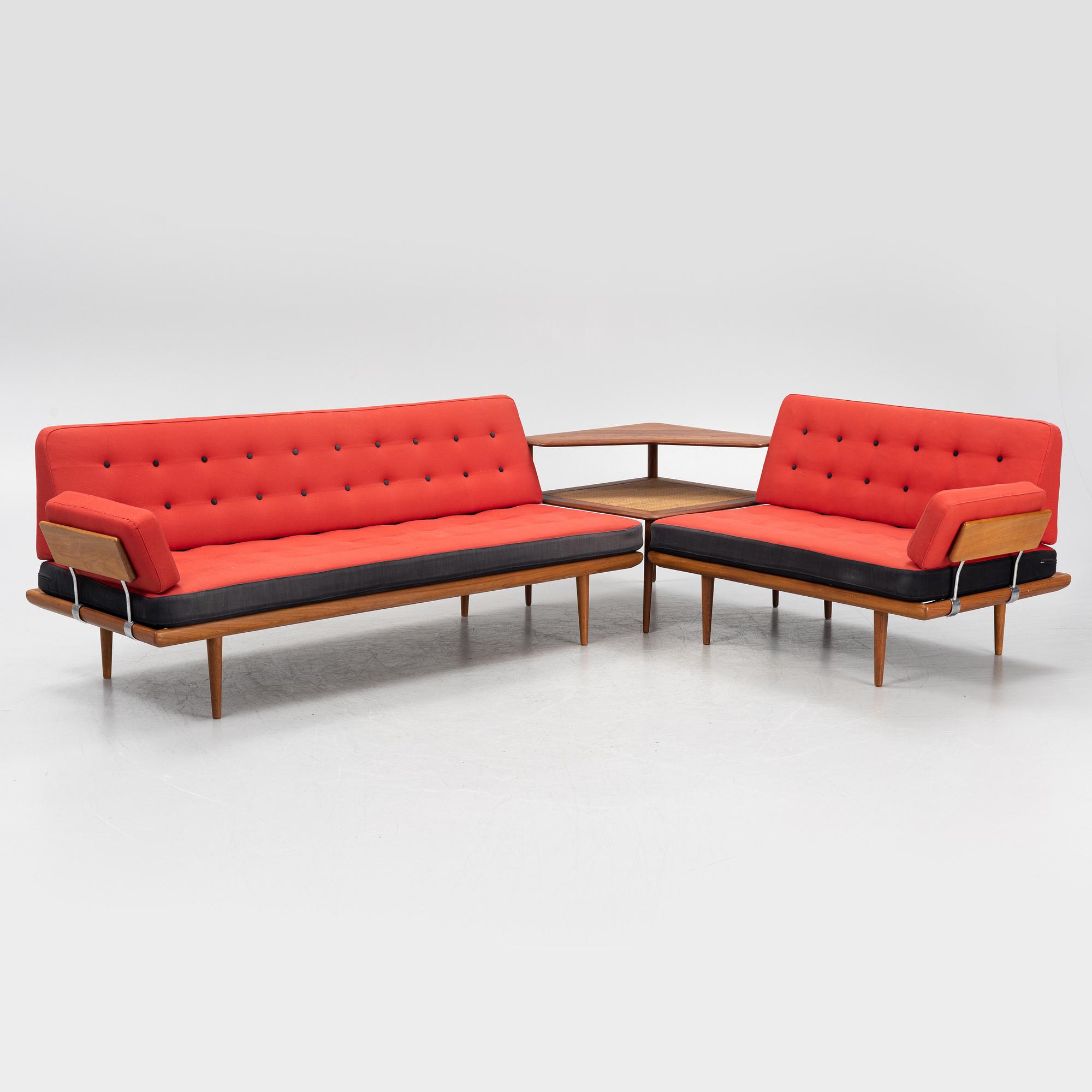 Peter Hvidt & Orla Mølgaard Nielsen, a corner sofa with table, 'Minerva', France & Daverkosen, Denmark, 1950's.