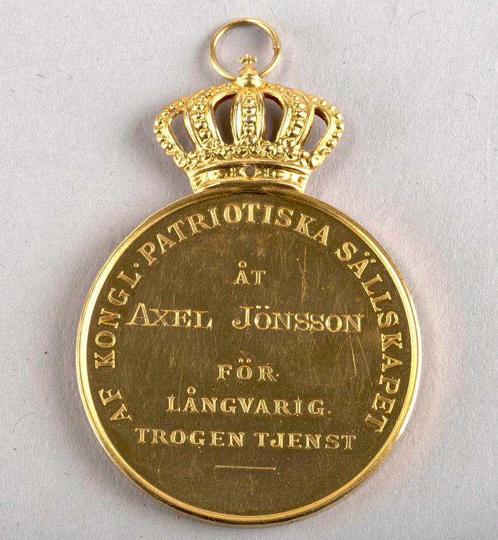 GULDMEDALJ, 18K, från Kungliga Patriotiska Sällskapet. 1923.