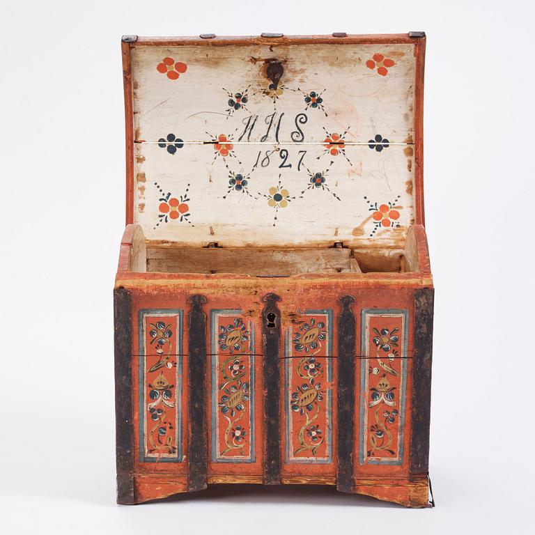 A painted provincial chest, Norbotten, Sweden, dated 1827.