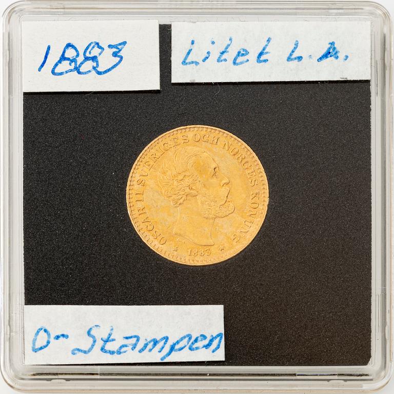 Gold coin, Oscar II, 10 kronor, type II, Sweden 1883.