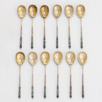 A 12-piece set of gilt cloisonné enamel teaspoons, presumably Dmitrii Nikolaevich Nikolaev, Moscow around year 1900.