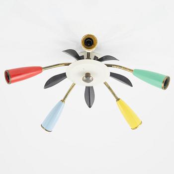 Taklampa, sputnikmodell, mässing och flerfärgad plast. 1950-tal.