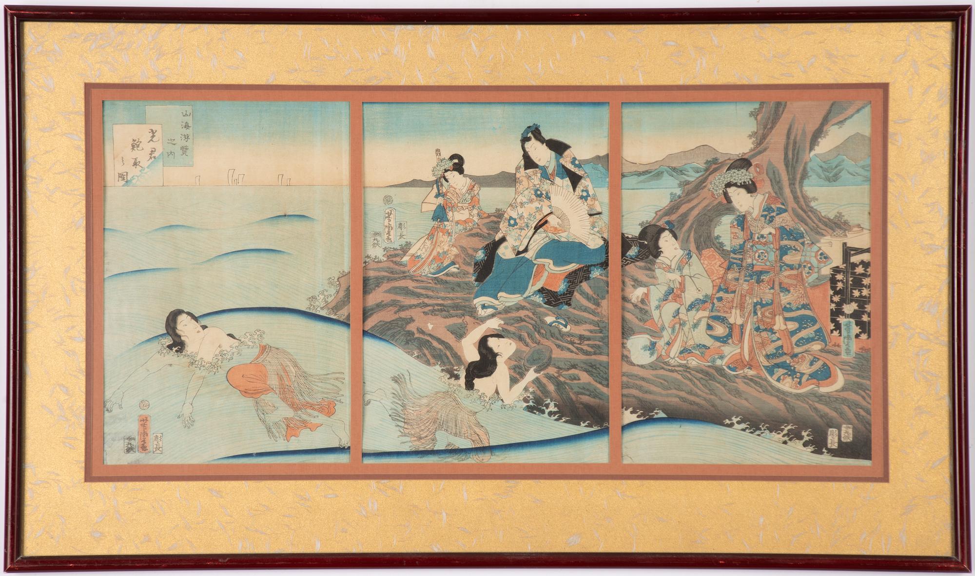 Yoshitora, triptych, Prince Genji visiting Chigo-ga-fuchi near Enoshima (Enoshima Chigo-ga-fuchi).