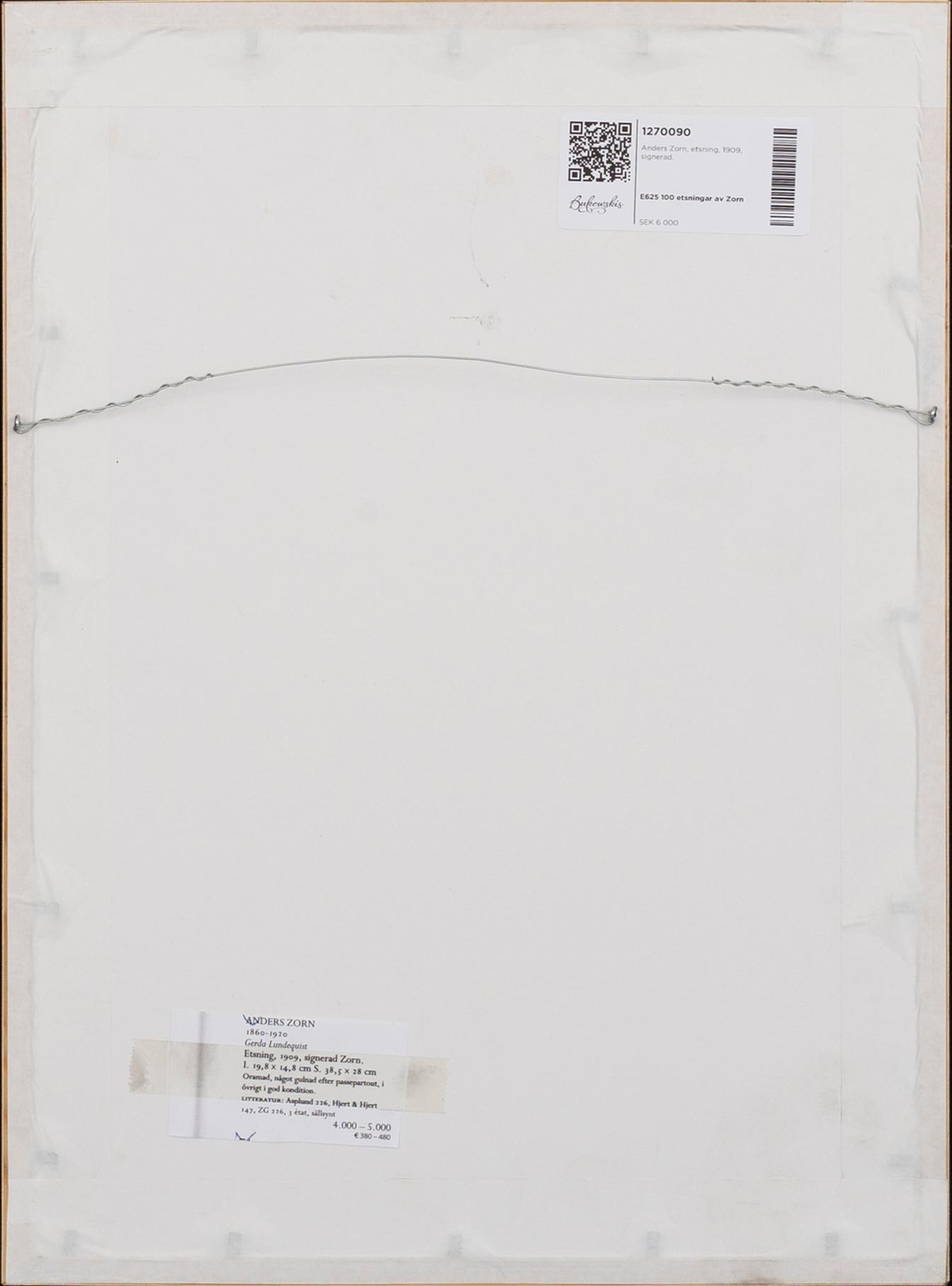 Anders Zorn, a signed etching from 1909.