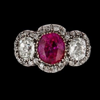 A natural ruby, 3.41 cts, and old-cut diamonds, total carat weight circa 2.00 cts, ring.