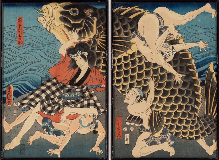 Utagawa Kunisada (Toyokuni III), färgträsnitt, diptyk, Japan, 1800-tal.