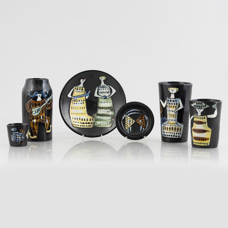 Lisa Larson, vaser, 4 st och fat, 2 st, stengods, ur serien "Varieté", Gustavsberg.