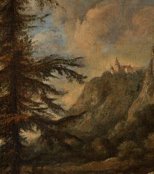 Jacob van Ruisdael, Landscape with waterfall and a castle on a cliff.