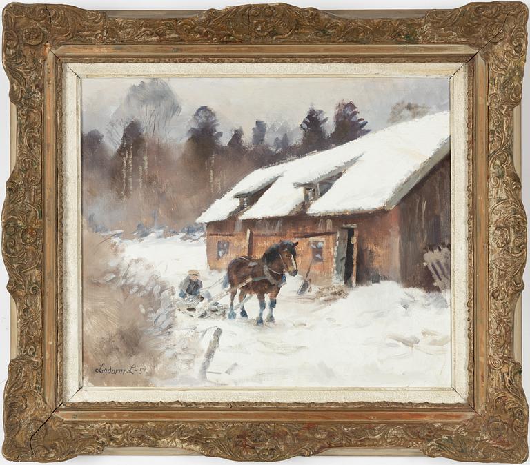 Lindorm Liljefors, Winter Scene with Timber Haulers.