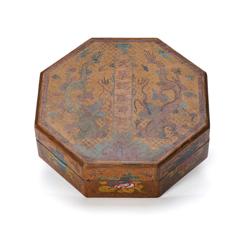 A Chinese lacquer treasure/curio box with cover, Qing dynasty with Qianlong mark to cover.