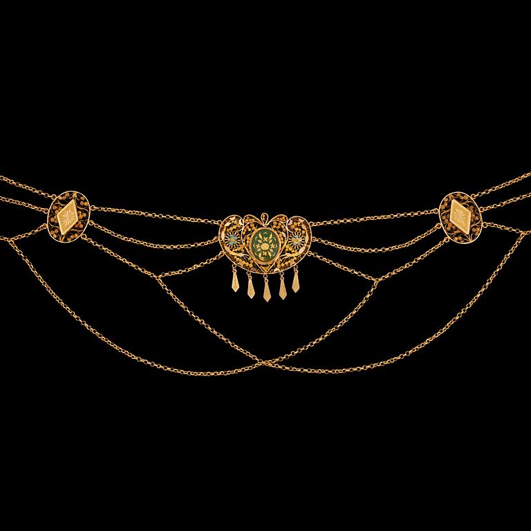 COLLIER med turkoser och emalj, Tillverkat av Petter Fredrik Sundberg, Karlskrona (verksam 1823-1839).