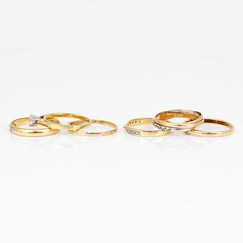 RINGAR, 6 st, mestadels 18K guld med olikslipade diamanter, tot ca 0,45 ct. Total vikt ca 11,68 g.