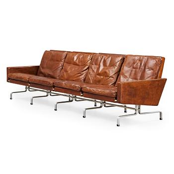 398. Poul Kjaerholm, a 'PK-31-4' four-seated brown leather and steel sofa, E Kold Christensen, Denmark 1960's.