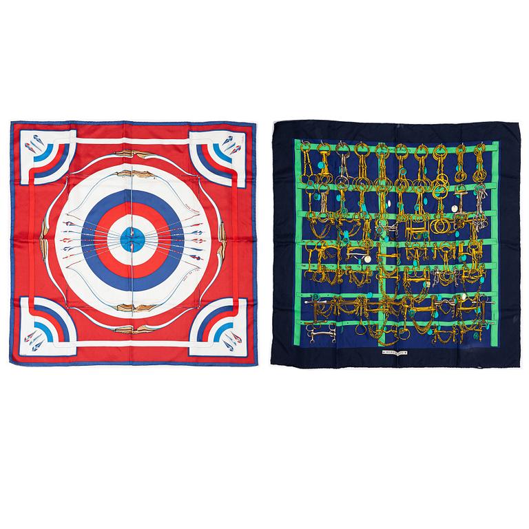 Hermès, two scarves "Arcs en Ciel" and "Mors & Filets".