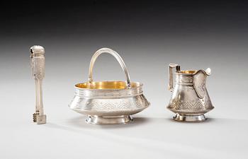 RUSSIAN SUGAR BOWL, SUGAR TONGS AND MILK JUG.