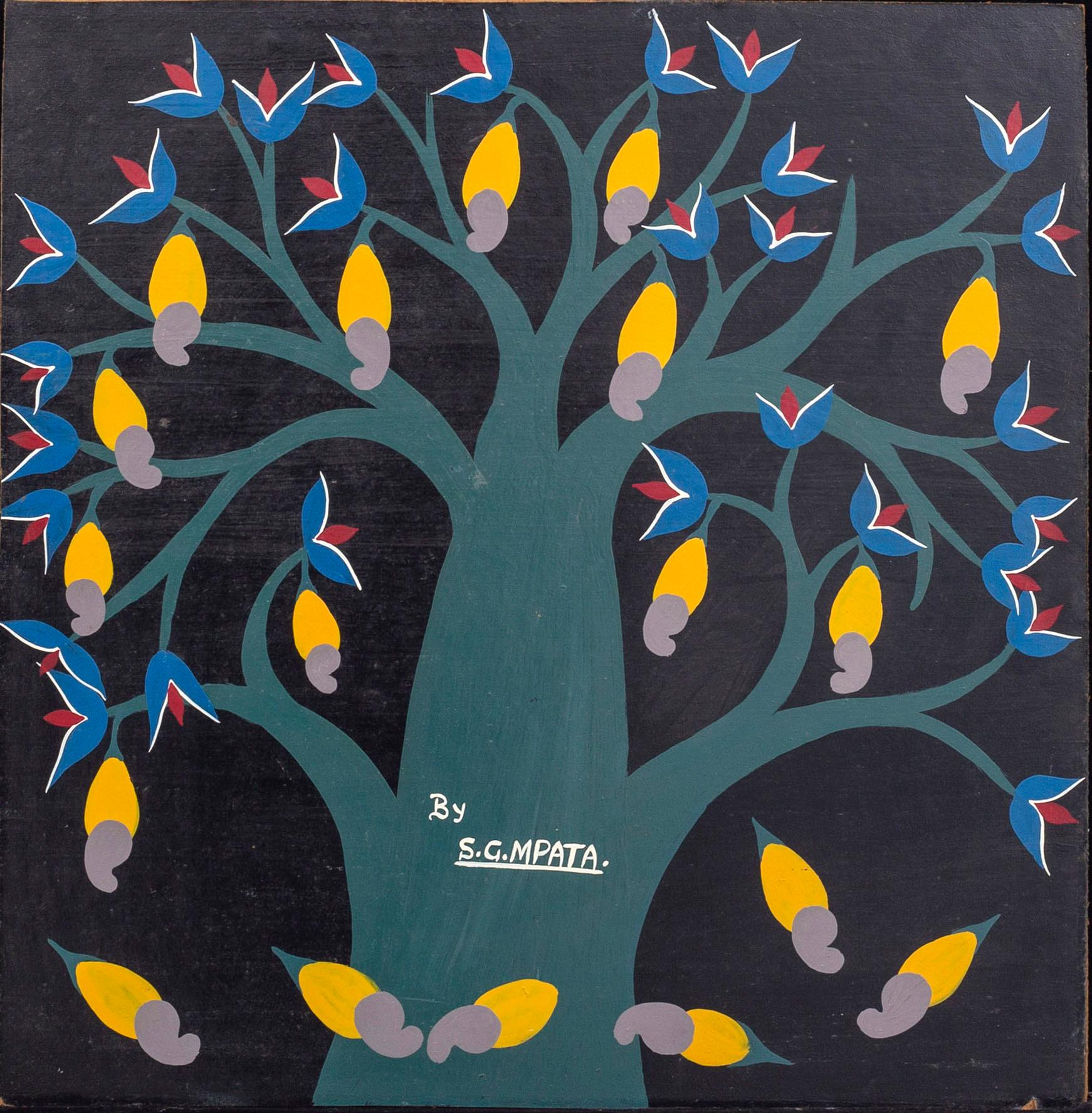 An 1970:s Seymond George Mpata so called Tingatinga- painting, bicycle paint on masonite, signed.