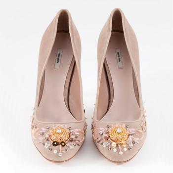 MIU MIU, a pair of beige suede pumps with sequined embellishment, size 39.