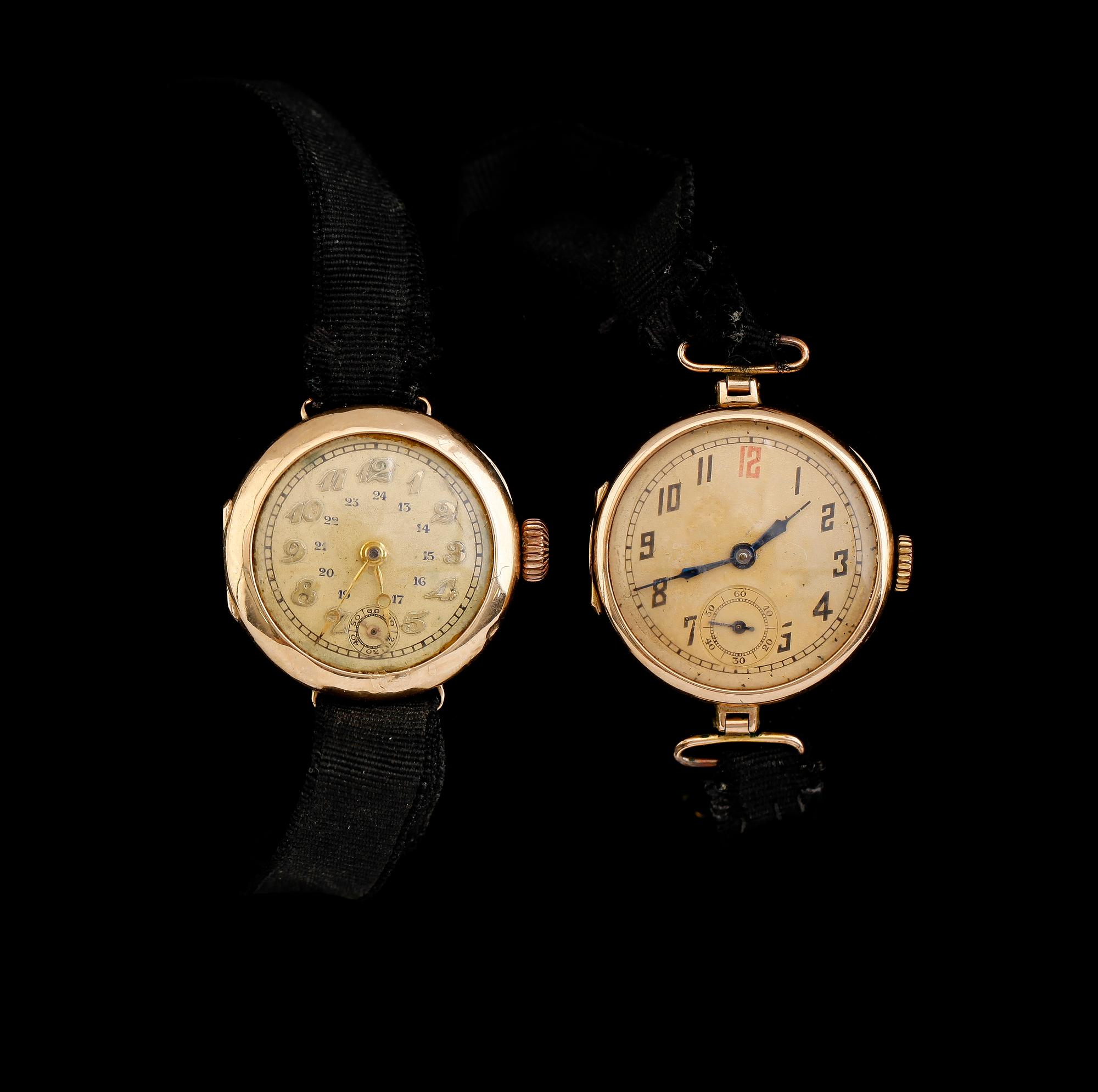 ARMBANDSUR, 2 st, 14 k guld, 1900-talets första hälft.