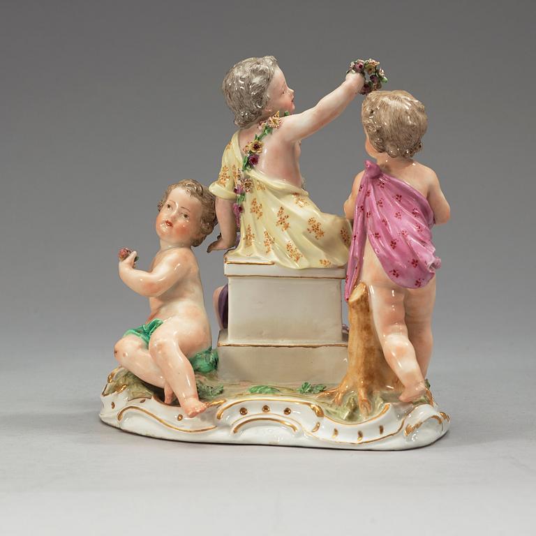 A set of four Meissen allegorical figure groups, 18th Century, three of them with the Marcolini mark (1774-1814).