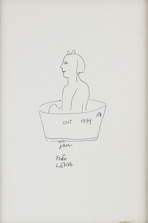 Lena Cronqvist, ink drawing, signed with dedication. Dated october 1994.