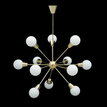 A 20th century "Sputnik model" brass ceiling light. Total height ca 108 cm.