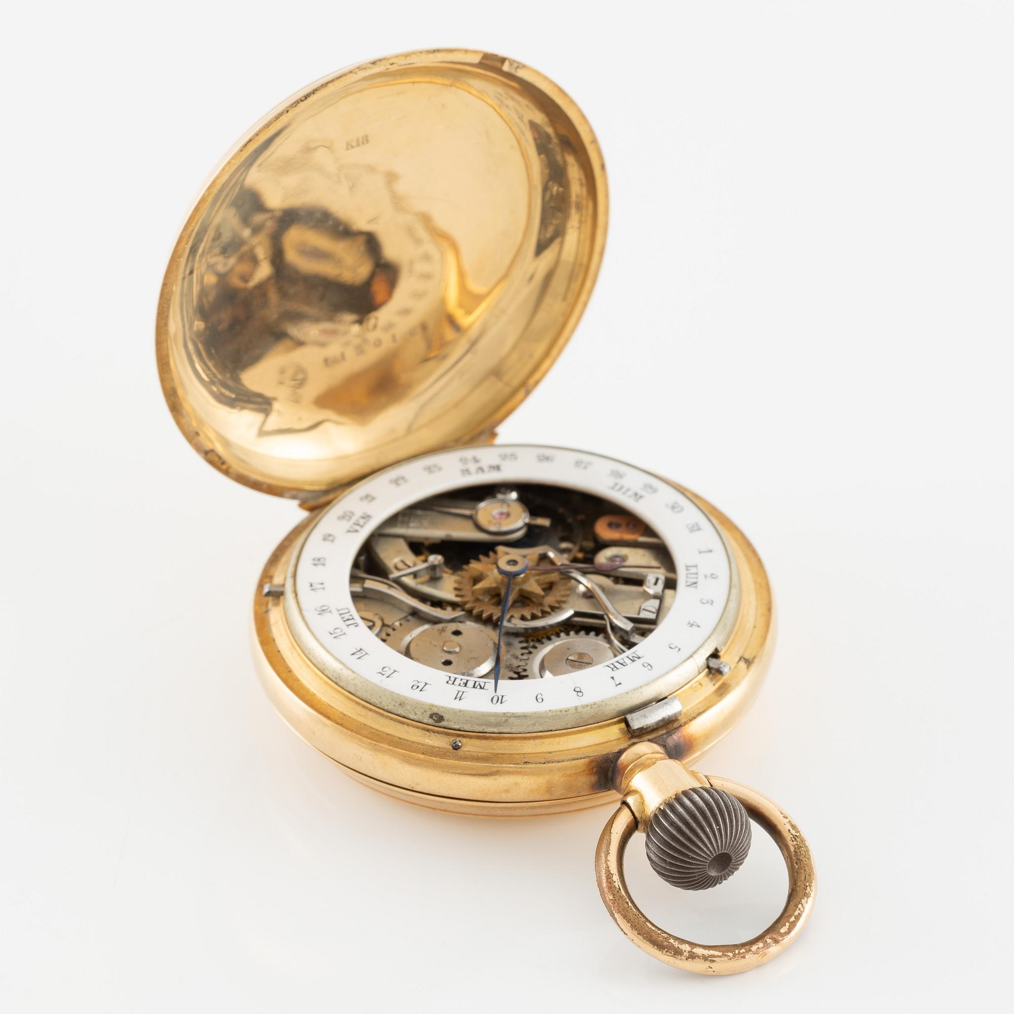 Pocket watch, 18K gold, hunter, calendar, 49.5 mm.